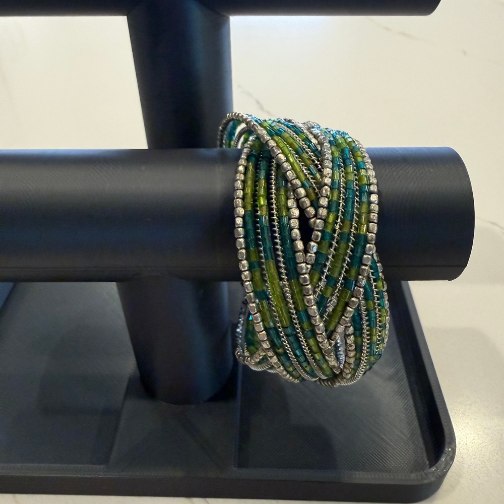 Boho Statement Teal Green Silver Seed Bead Multi Wrap Coil Cuff Bracelet